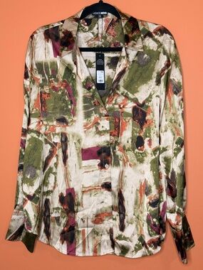 Fashion Nova Button Up Blouse in Olive, Cream & Rust Brushstroke